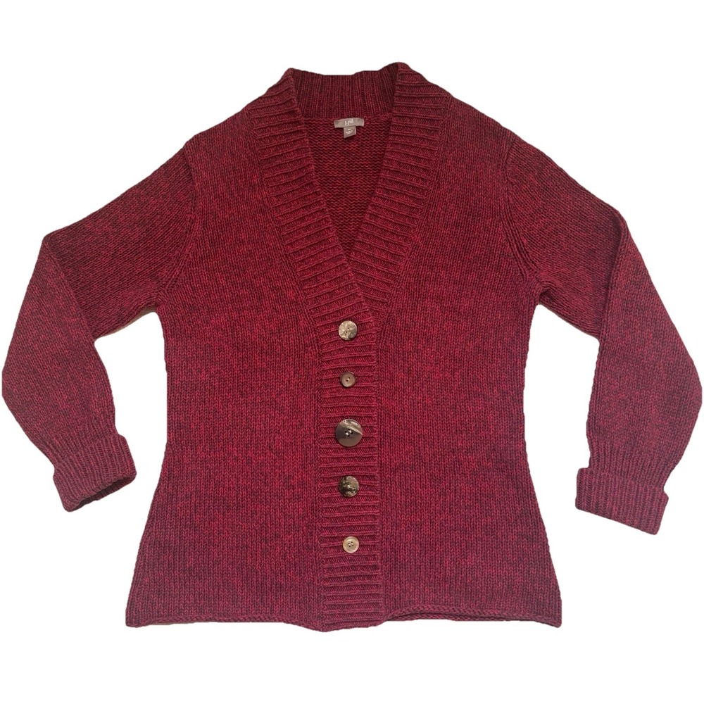 J Jill Women's red tweed long sleeve V neck cardigan sweater Button Hippie Sz. M